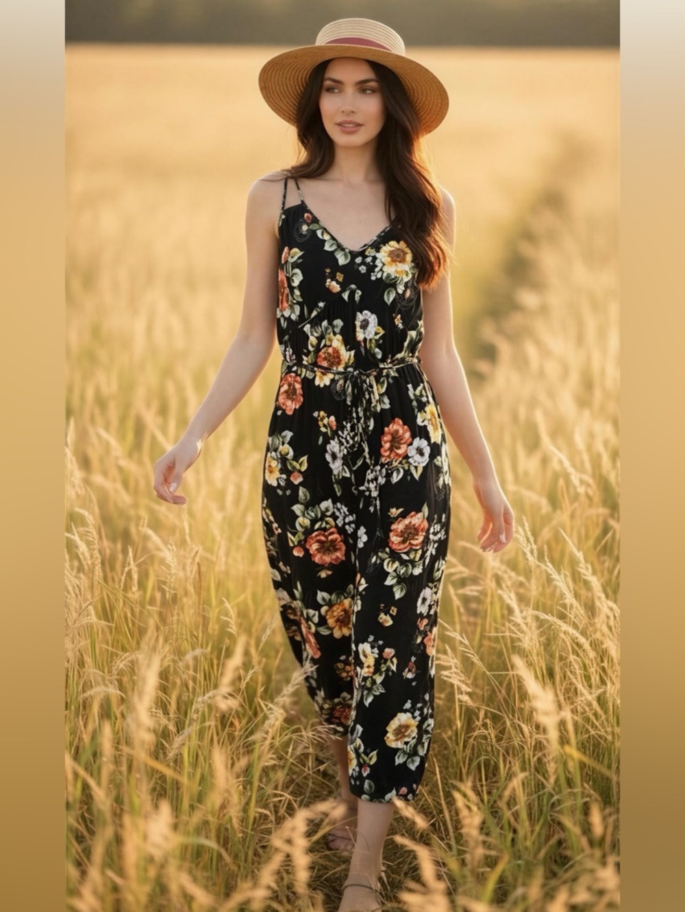 torrid Black Tea-Length Floral Dress with Adjustable Spaghetti Straps Size 1X